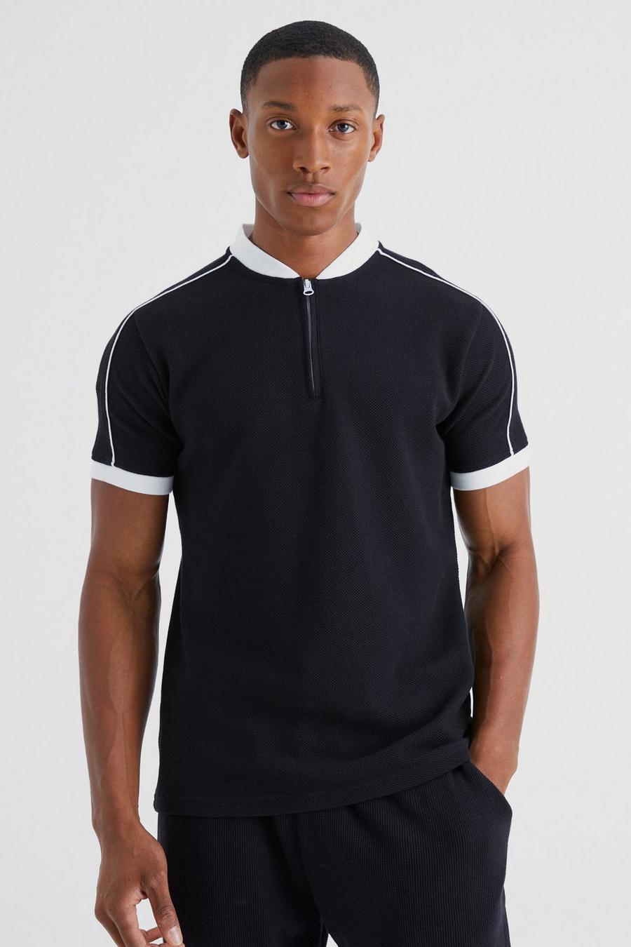 Black Popcorn Texture Bomber Neck Polo With Piping  image number 1