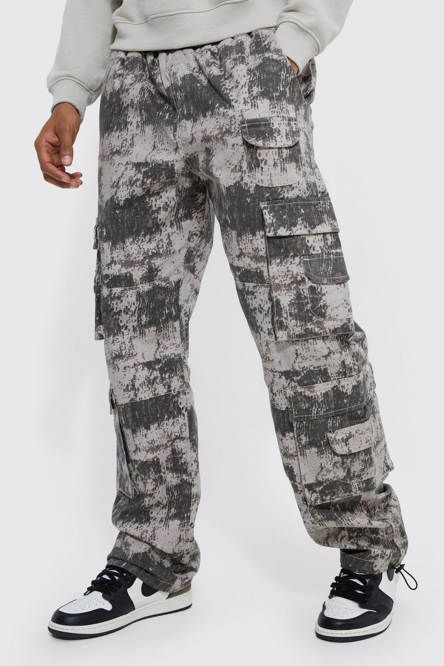 Elastic Waist Printed Multi Pocket Stacked Cargo Trousers