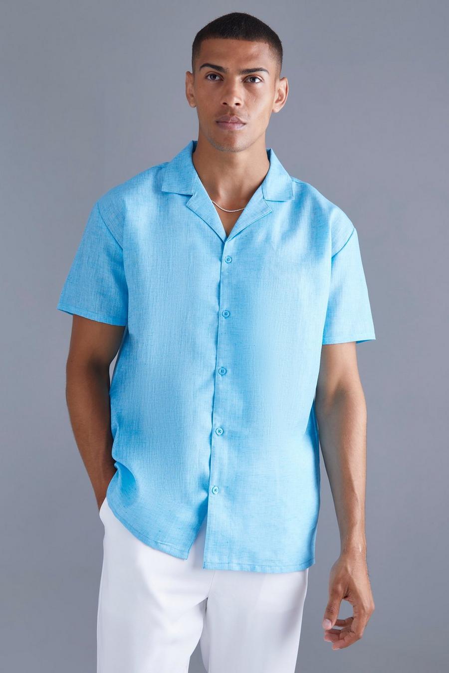 Camicia oversize a maniche corte effetto lino, Blue