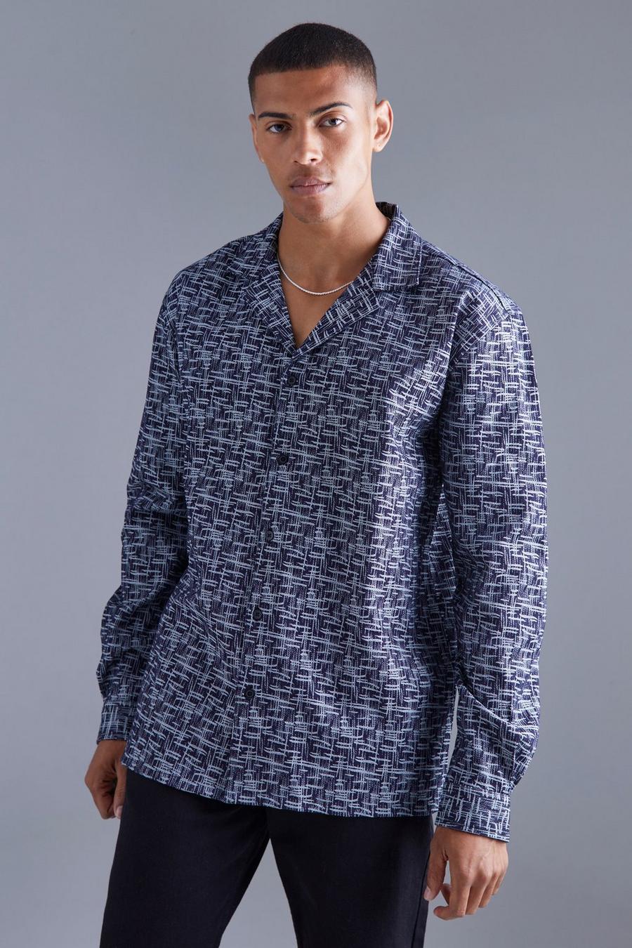 Navy Long Sleeve Oversized Denim Look Textured Shirt image number 1