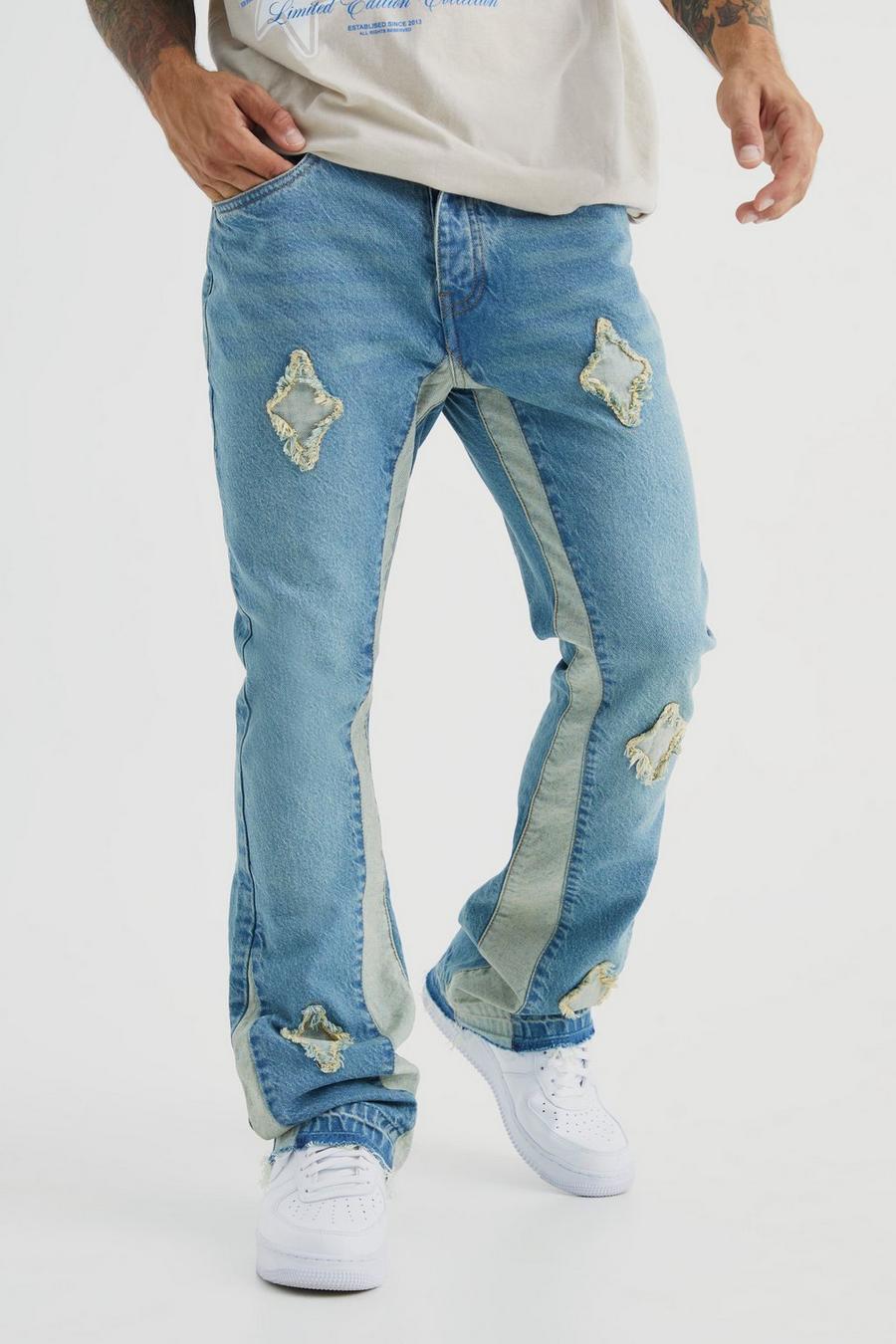 Jeans a zampa Slim Fit in denim rigido con applique di pannelli, Antique blue