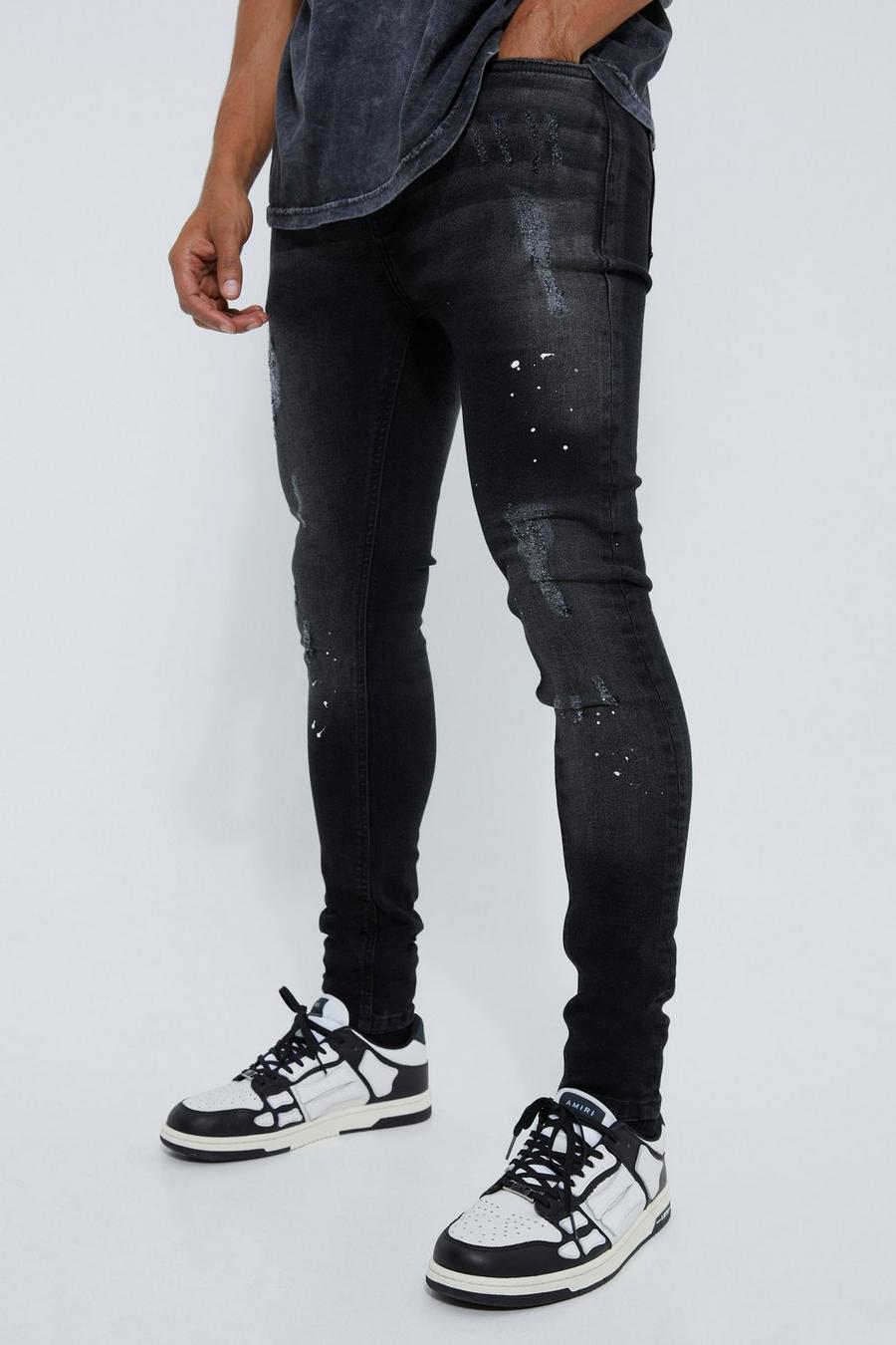 Zerrissene Super Skinny Jeans mit Farbspritzern, Washed black