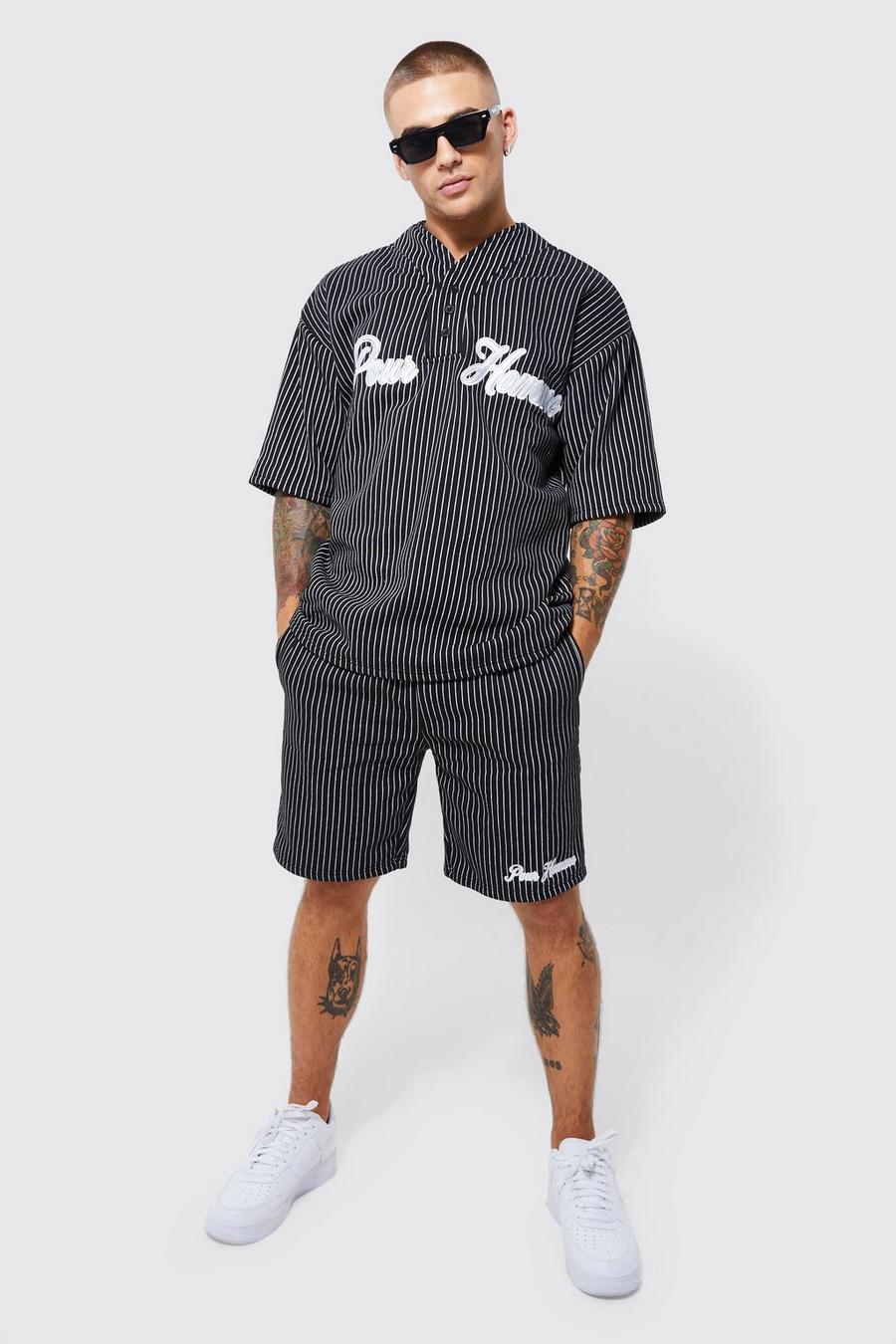 Oversize Baseball-Poloshirt und Shorts mit Nadelstreifen, Black