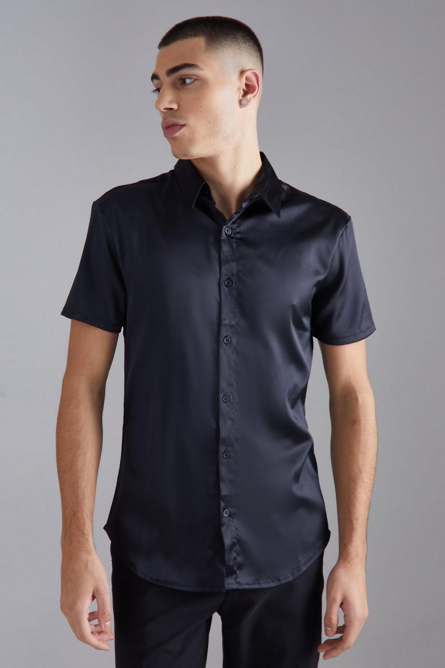 Camicia attillata a maniche corte in raso Stretch, Black image number 1