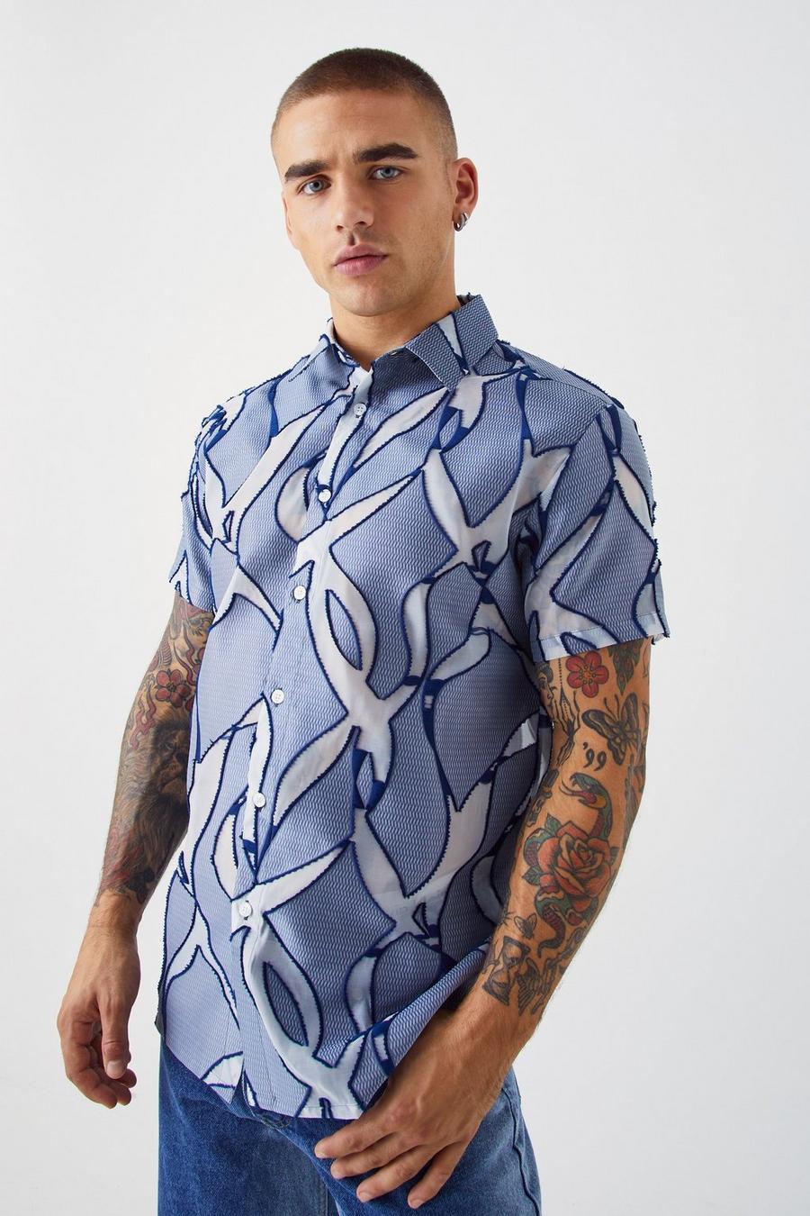 Camisa elegante de manga corta transparente con estampado abstracto, Blue