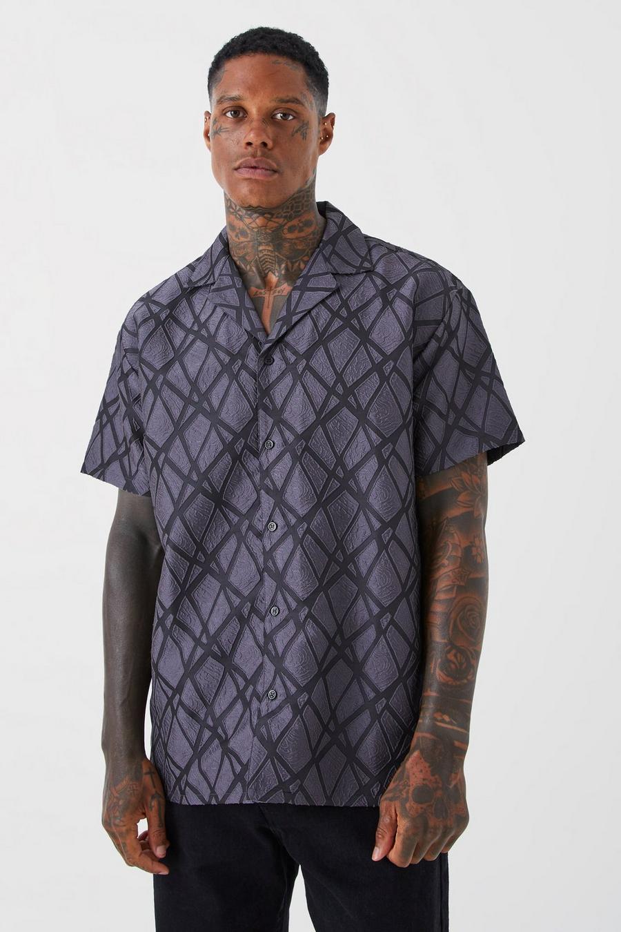 Camicia oversize a maniche corte semi-trasparente con motivi geometrici, Grey