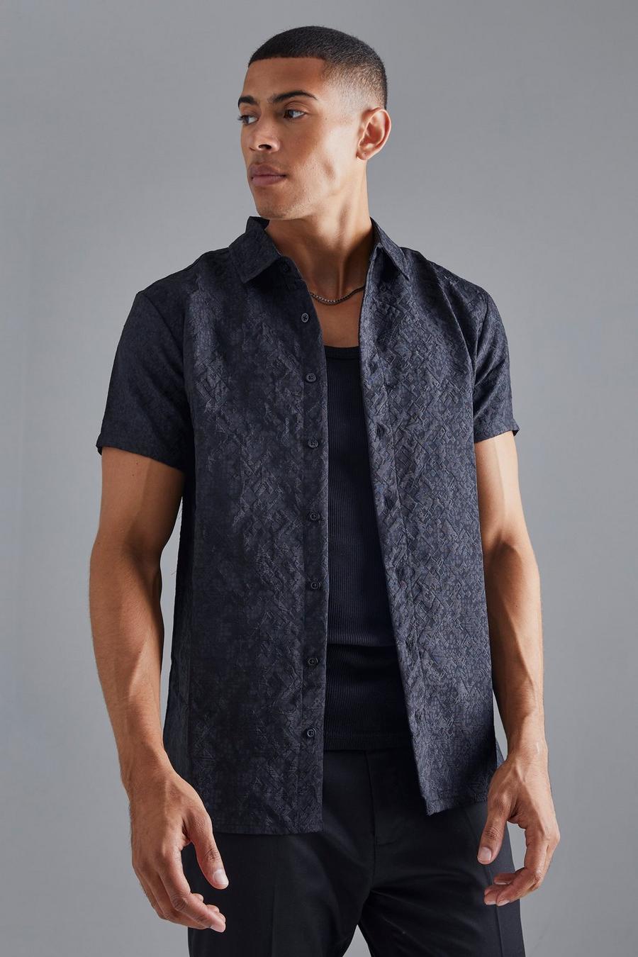 Black Short Sleeve Raised Textured Smart Shirt