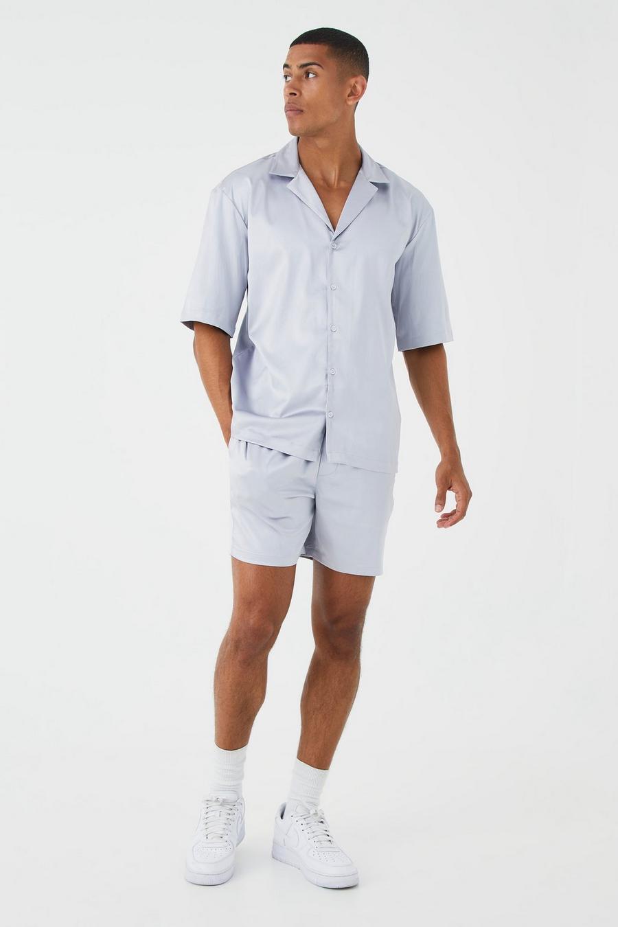 Pantalón corto y camisa de manga corta y raso con solapas, Grey image number 1