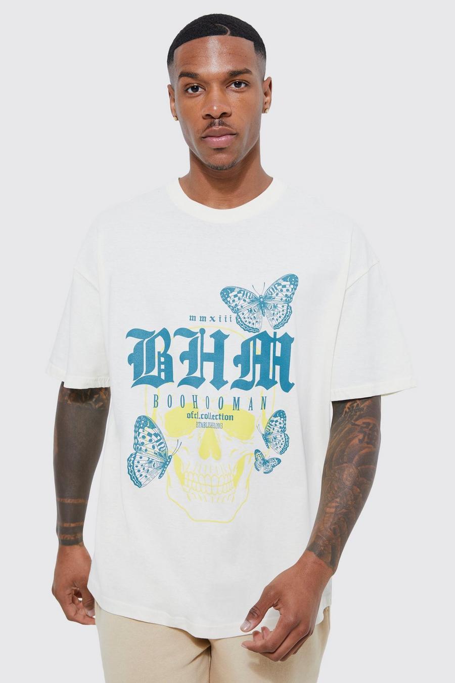 Ecru Oversized Butterfly Skull Print T-shirt
