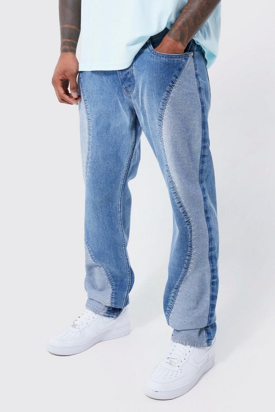 Jeans dritti in denim rigido effetto patchwork, Light blue