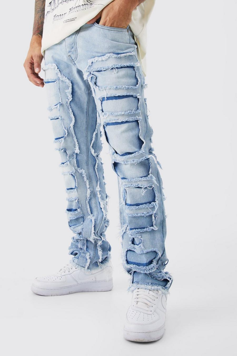 Jeans dritti in denim rigido effetto smagliato con pannelli, Ice blue image number 1
