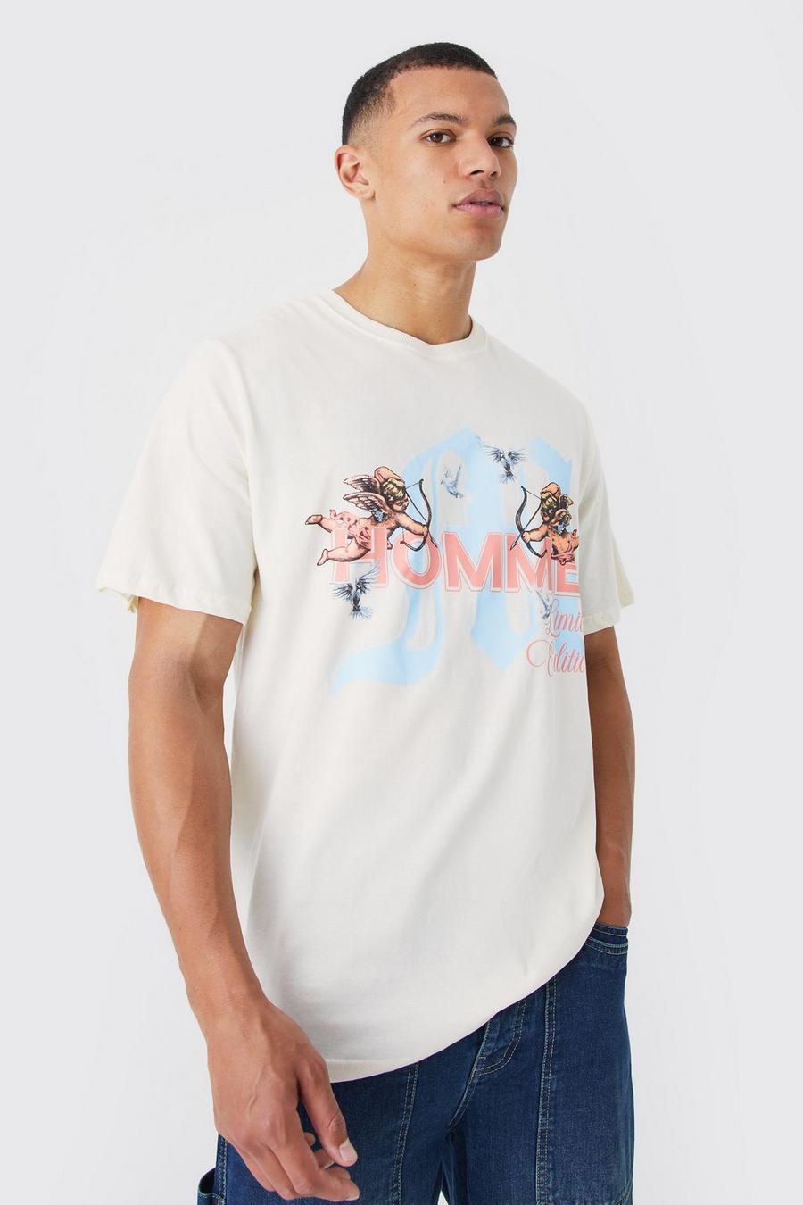 Tall Oversize T-Shirt mit Cupids Love Print, Ecru