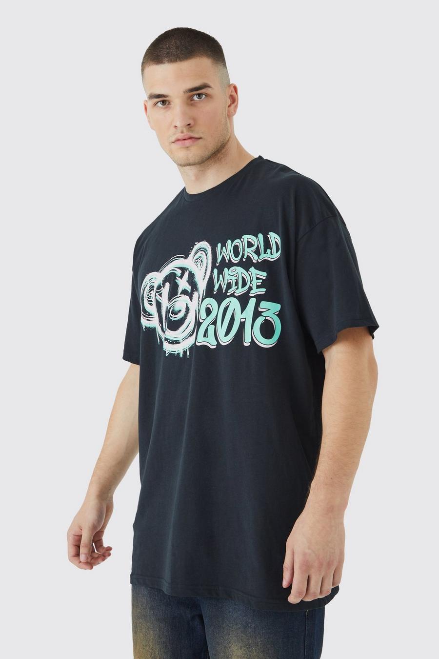 Tall Oversize T-Shirt mit Worldwide Teddy Print, Black