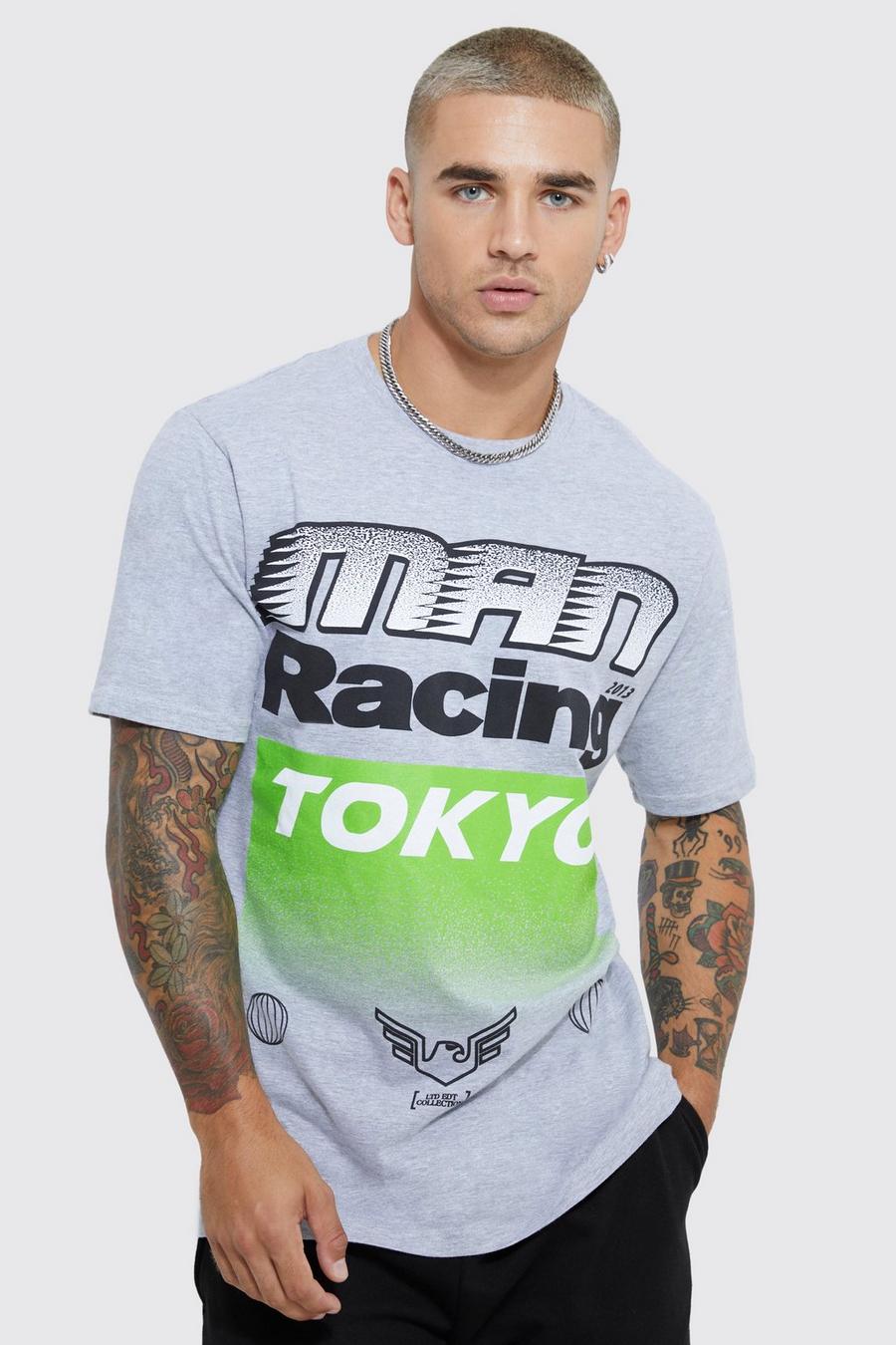 Grey marl Tokyo Moto Racing Print T-shirt