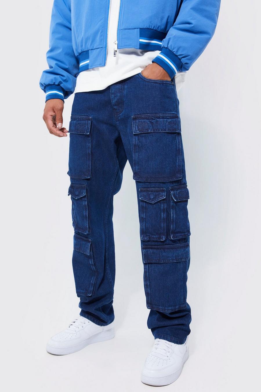 Indigo Relaxed Fit Washed Multi Pocket Cargo Jeans