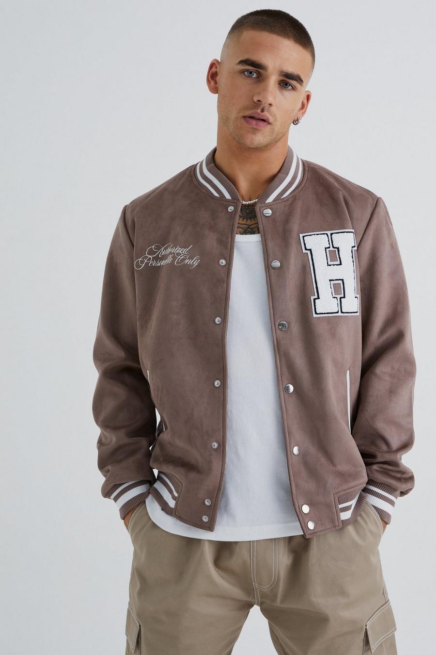 Taupe Suede Varsity Jacket With Badge