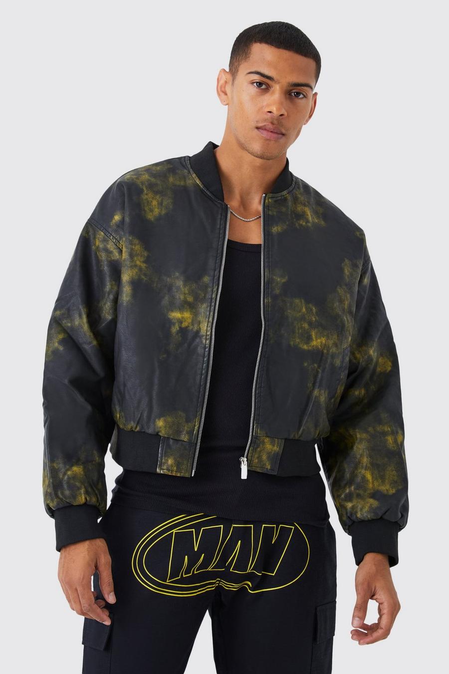 Chaqueta bomber recta acolchada de cuero sintético desteñido, Green