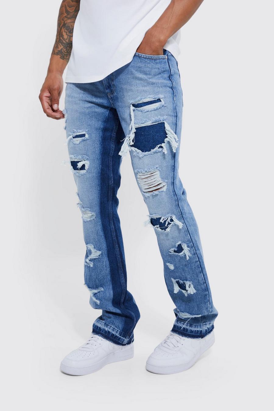 Jeans Slim Fit in denim rigido con pannelli a zampa e strappi, Mid blue