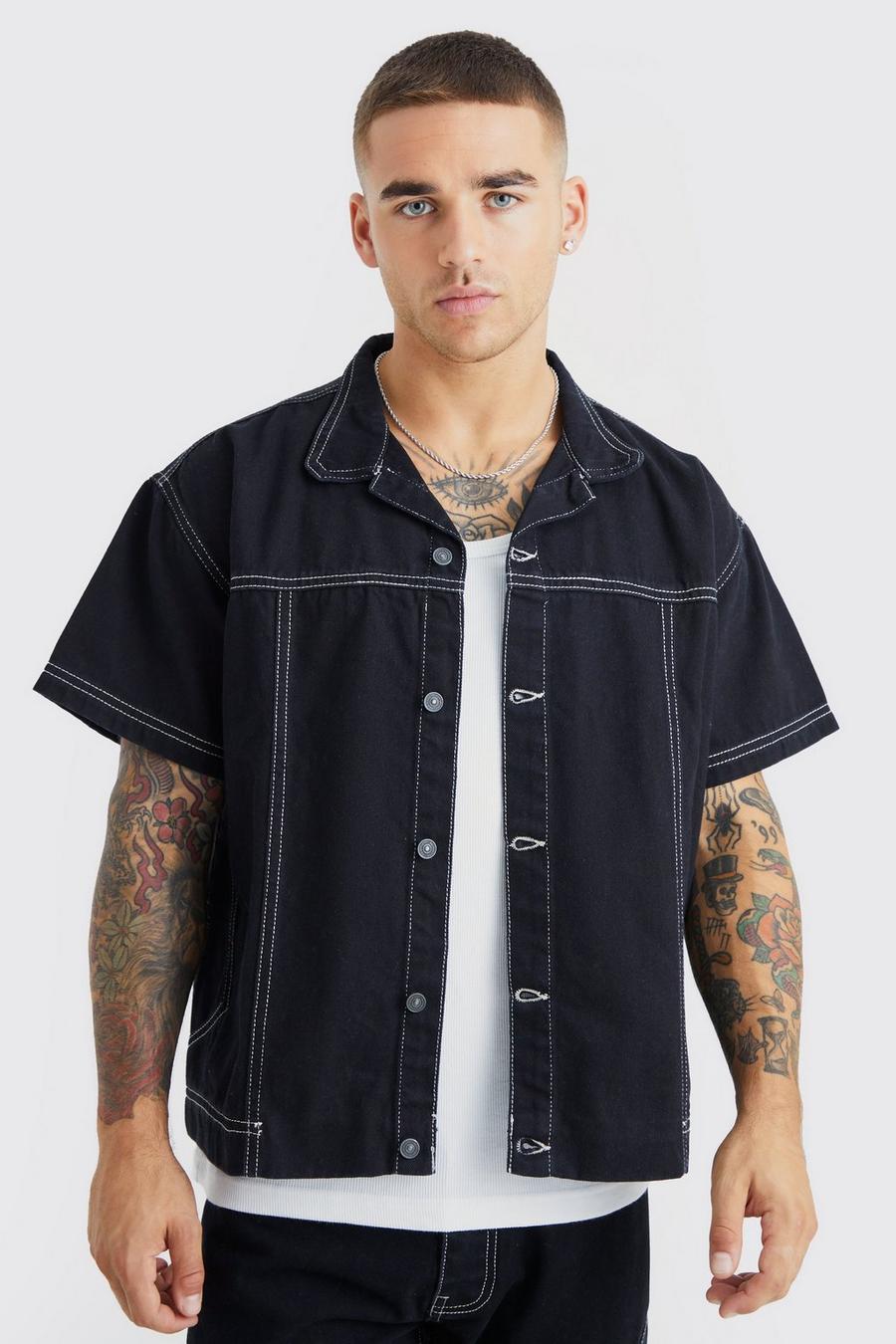 True black Oversized Boxy Contrast Stitch Denim Shirt image number 1