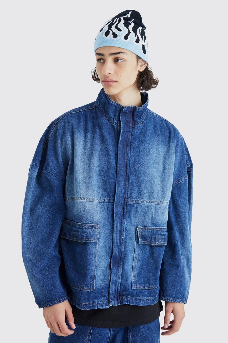 Giacca squadrata oversize in denim effetto smagliato, Mid blue