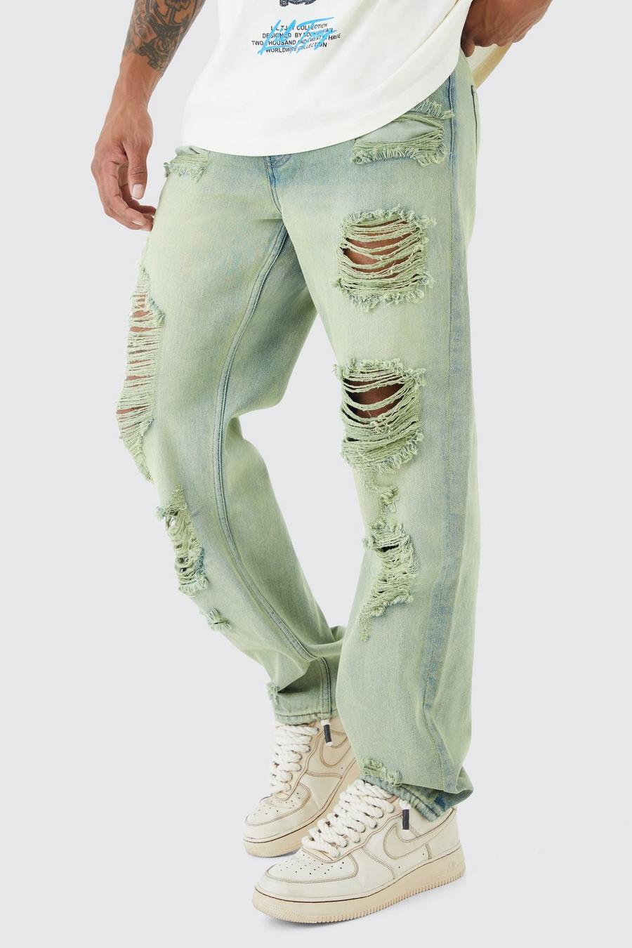 Jeans rilassati in denim rigido colorato con strappi, Green