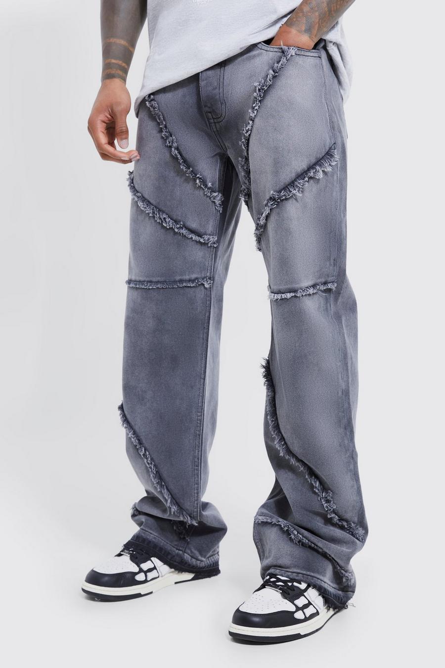 Jeans rilassati a zampa in denim rigido con fondo sfilacciato, Washed black