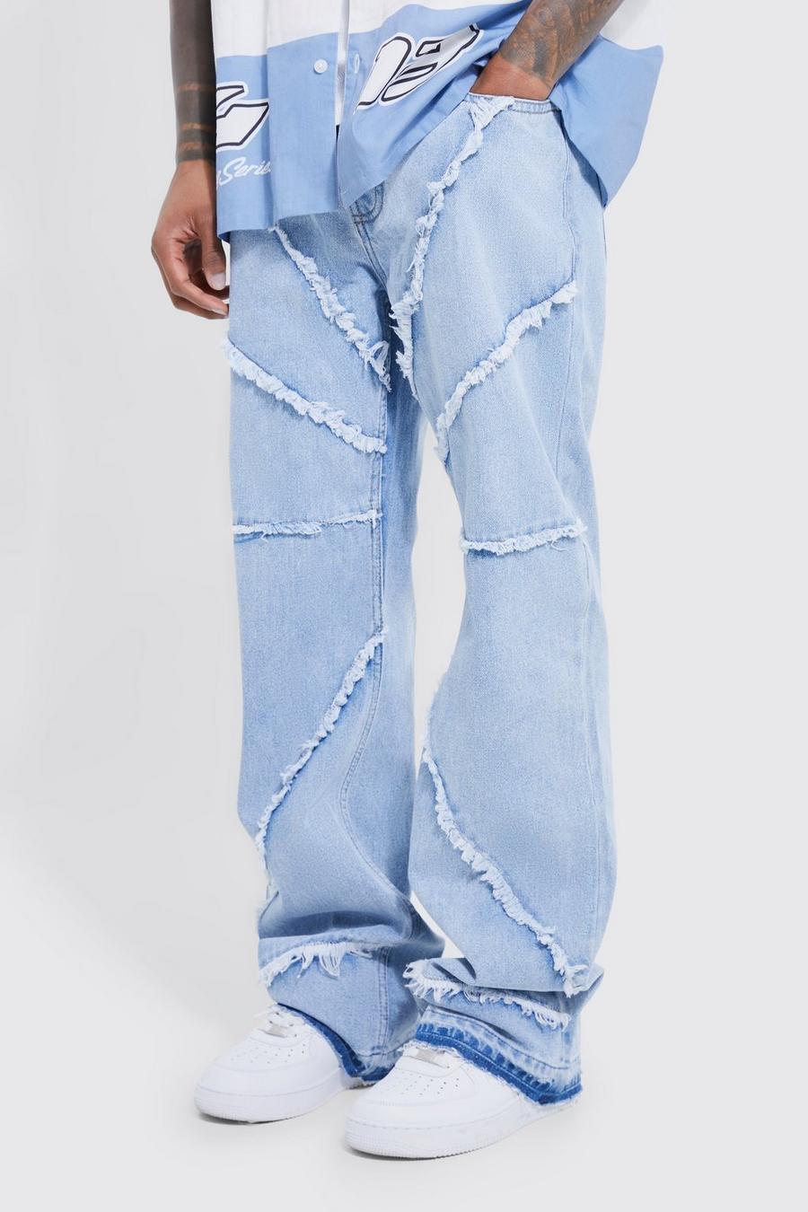 Jeans rilassati a zampa in denim rigido con fondo sfilacciato, Light blue