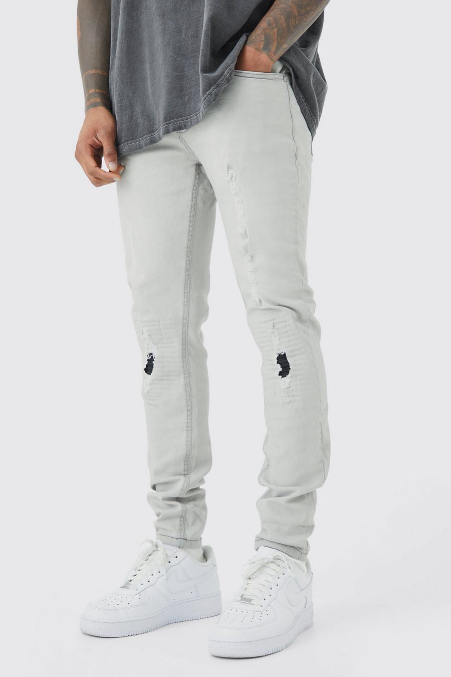 Jeans stile Biker Skinny Fit in denim Stretch con strappi & rattoppi, Light grey