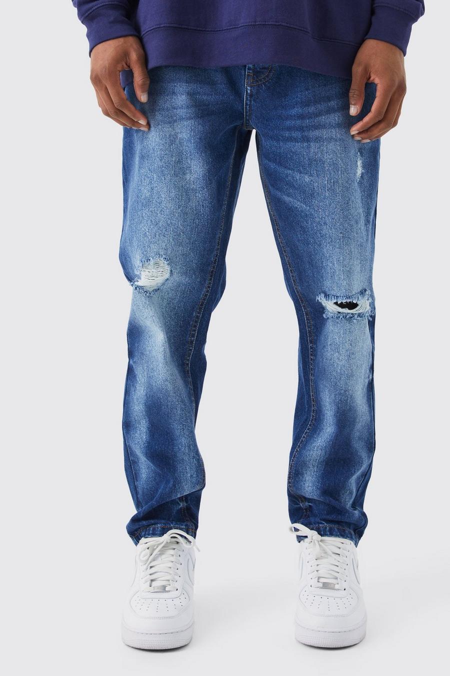 Mid blue Toelopende Onbewerkte Jeans Met Gescheurde Knieën