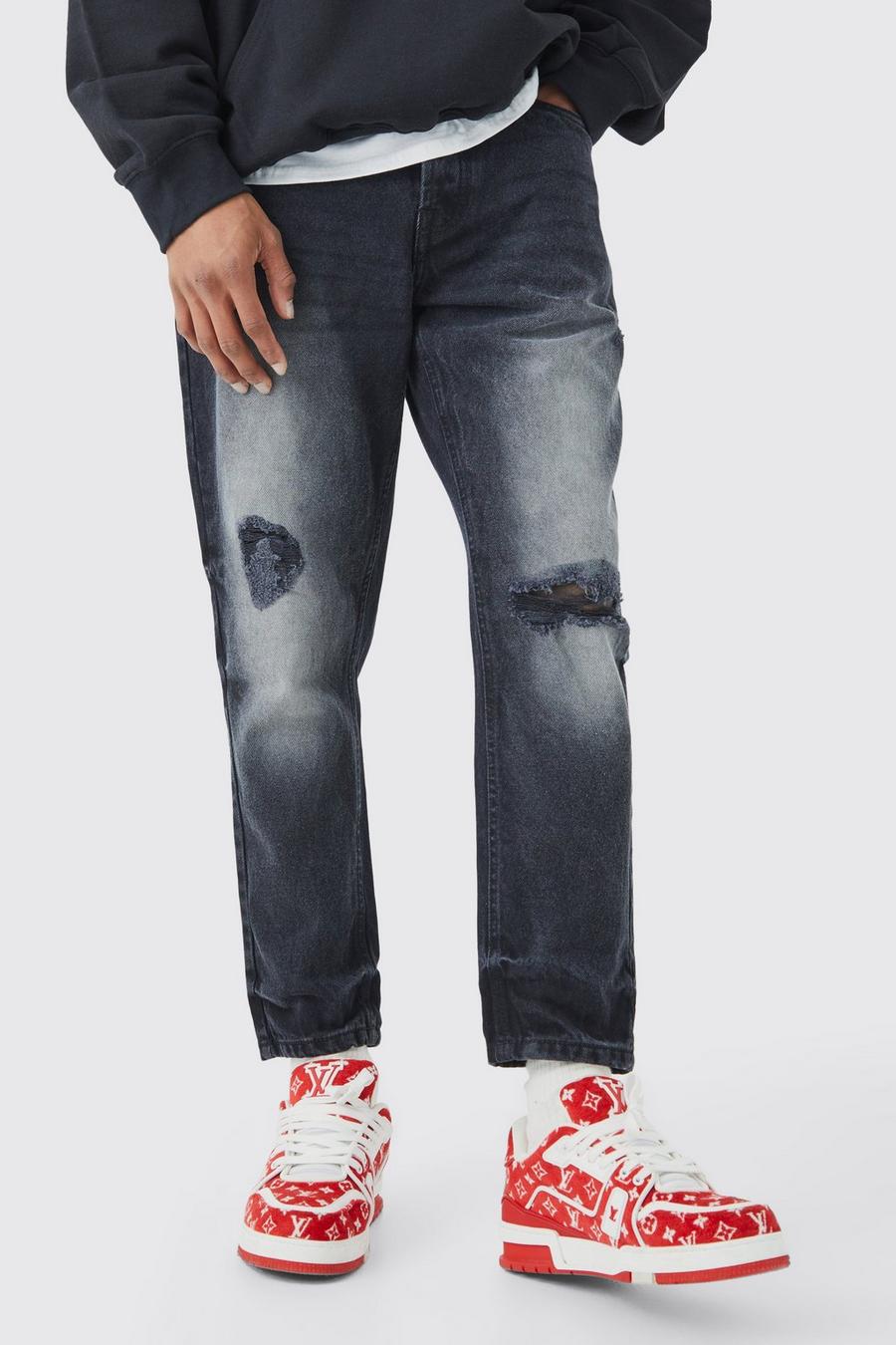 Jeans affusolati in denim rigido con strappi sul ginocchio, Washed black