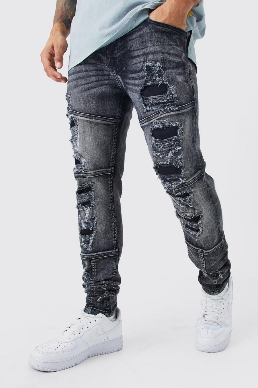 Jeans Skinny Fit in Stretch con strappi & rattoppi all over, True black