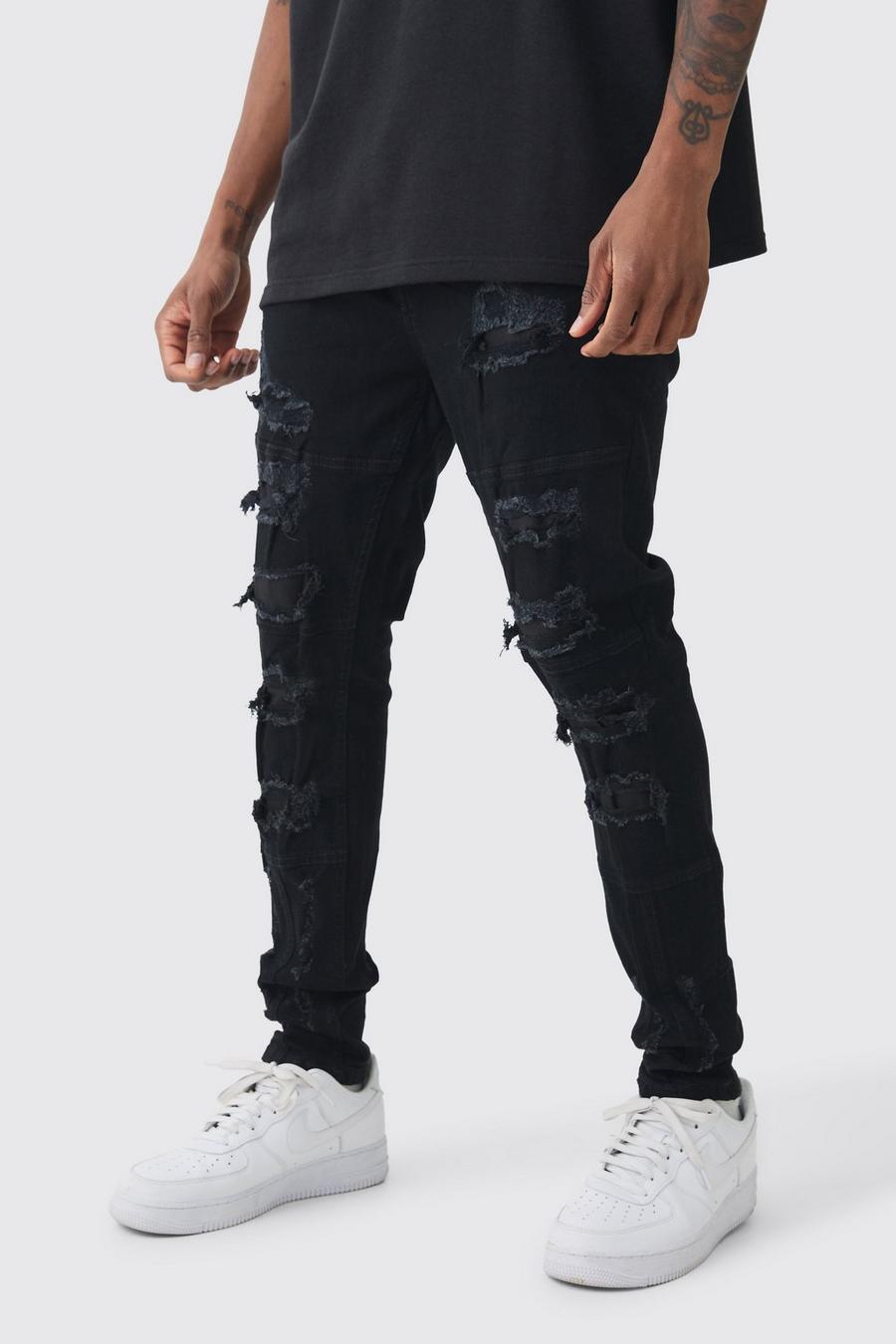 Jeans Skinny Fit in Stretch con strappi & rattoppi all over, True black