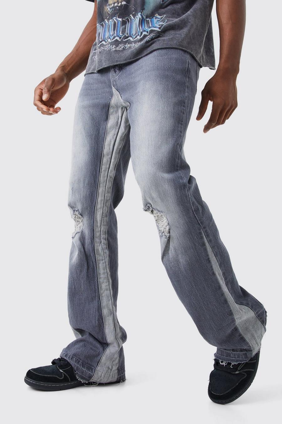 Jeans rilassati in denim rigido slavato con inserti a zampa e strappi, Mid grey