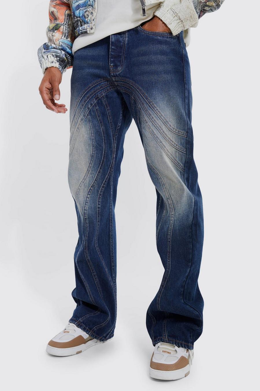 Jeans rilassati in denim rigido a zampa con pannelli colorati, Antique wash