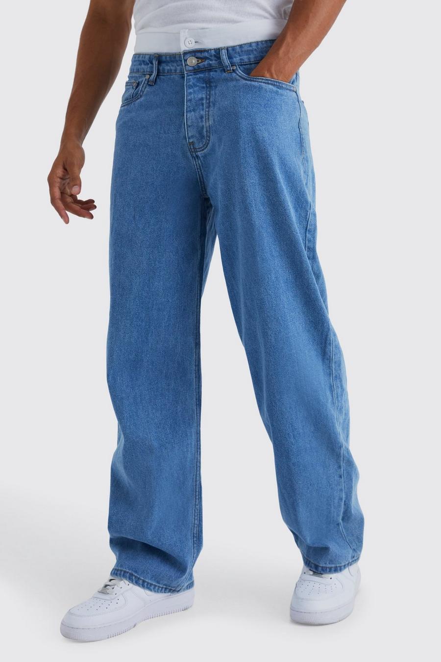 Jeans extra comodi in denim rigido con doppia fascia in vita, Light blue