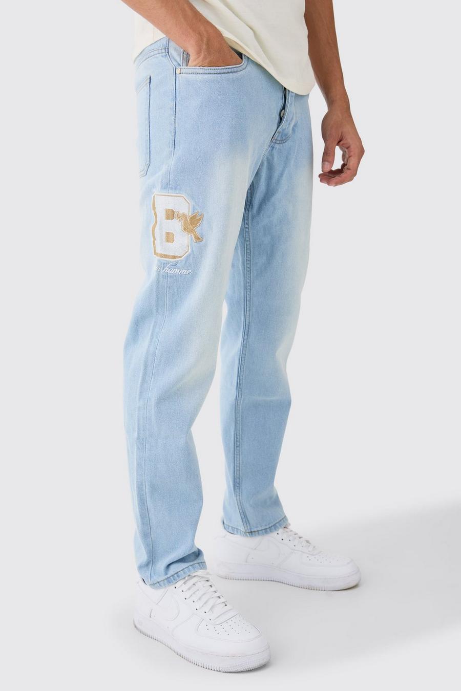 Jeans dritti in denim rigido con applique, Ice blue