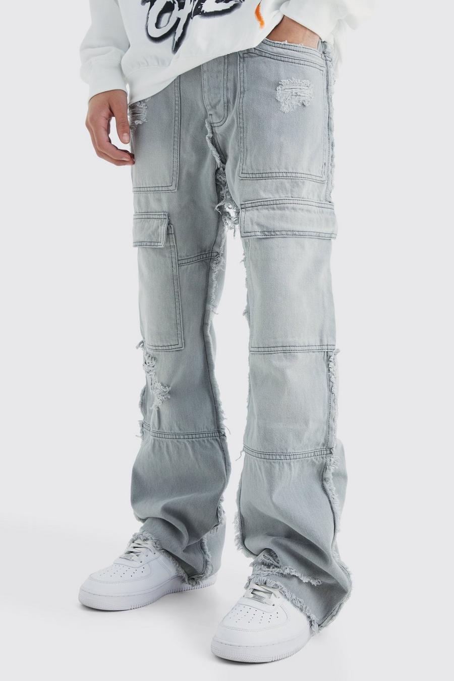 Jeans Cargo rilassati in denim rigido a zampa con fondo sfilacciato, Ice grey image number 1
