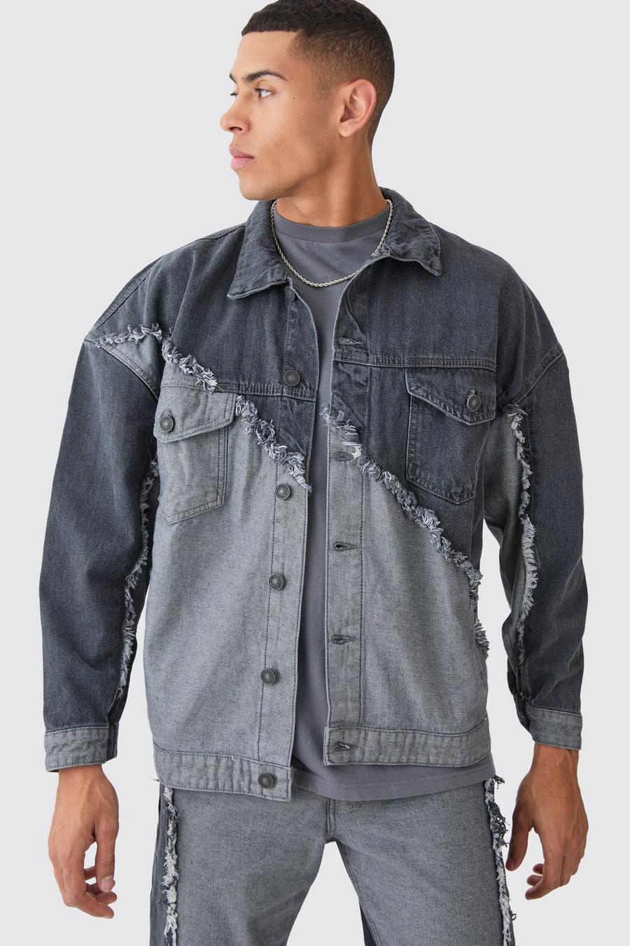 Gespleißte Oversize Jeansjacke mit ausgefranstem Saum, Mid grey