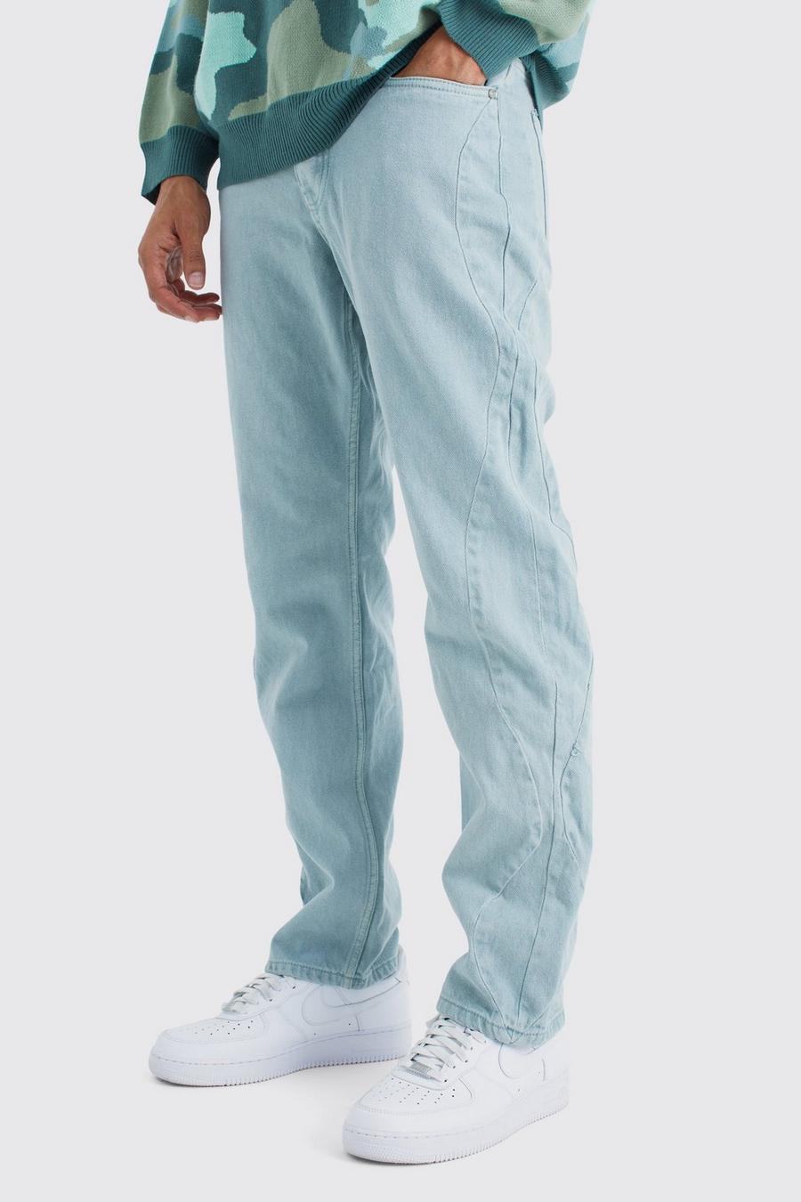 Jeans rilassati sovratinti in denim rigido con cuciture curve laterali, Blue