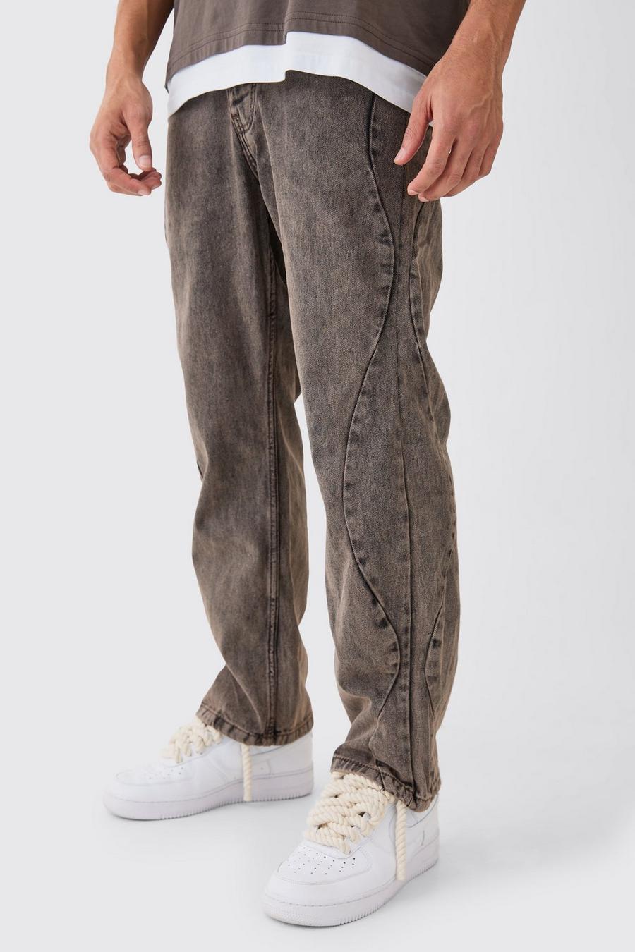 Jeans rilassati sovratinti in denim rigido con cuciture curve laterali, Brown