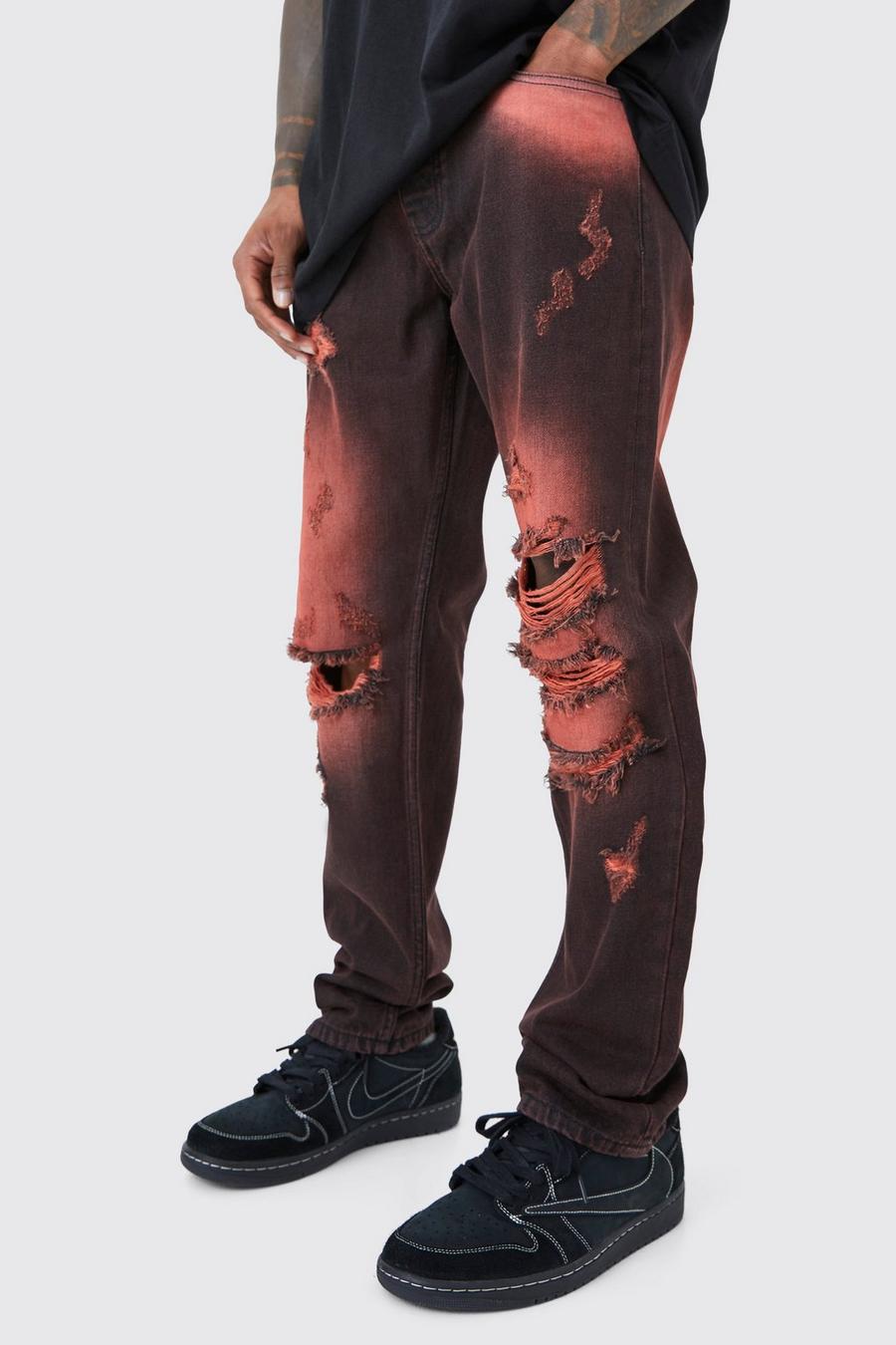 Jeans dritti in denim rigido colorato candeggiato con strappi, Red image number 1