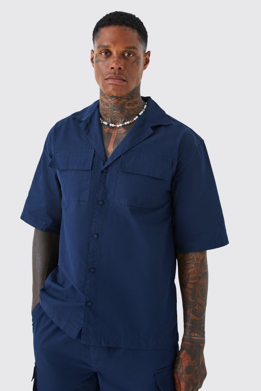 Navy Short Sleeve Drop Revere Ripstop Utility Overshirt