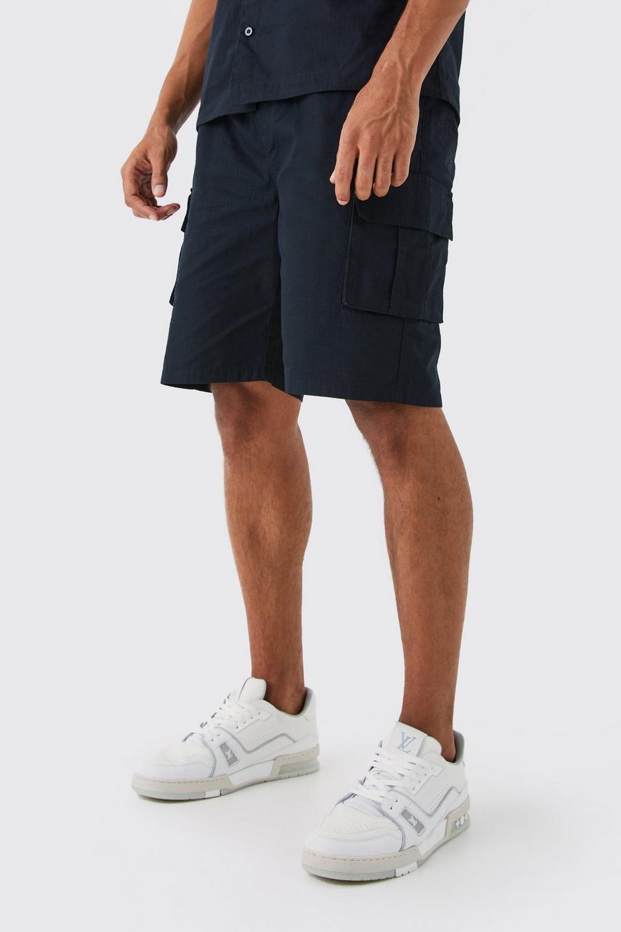 Lockere Ripstop Cargo-Shorts mit elastischem Bund, Black