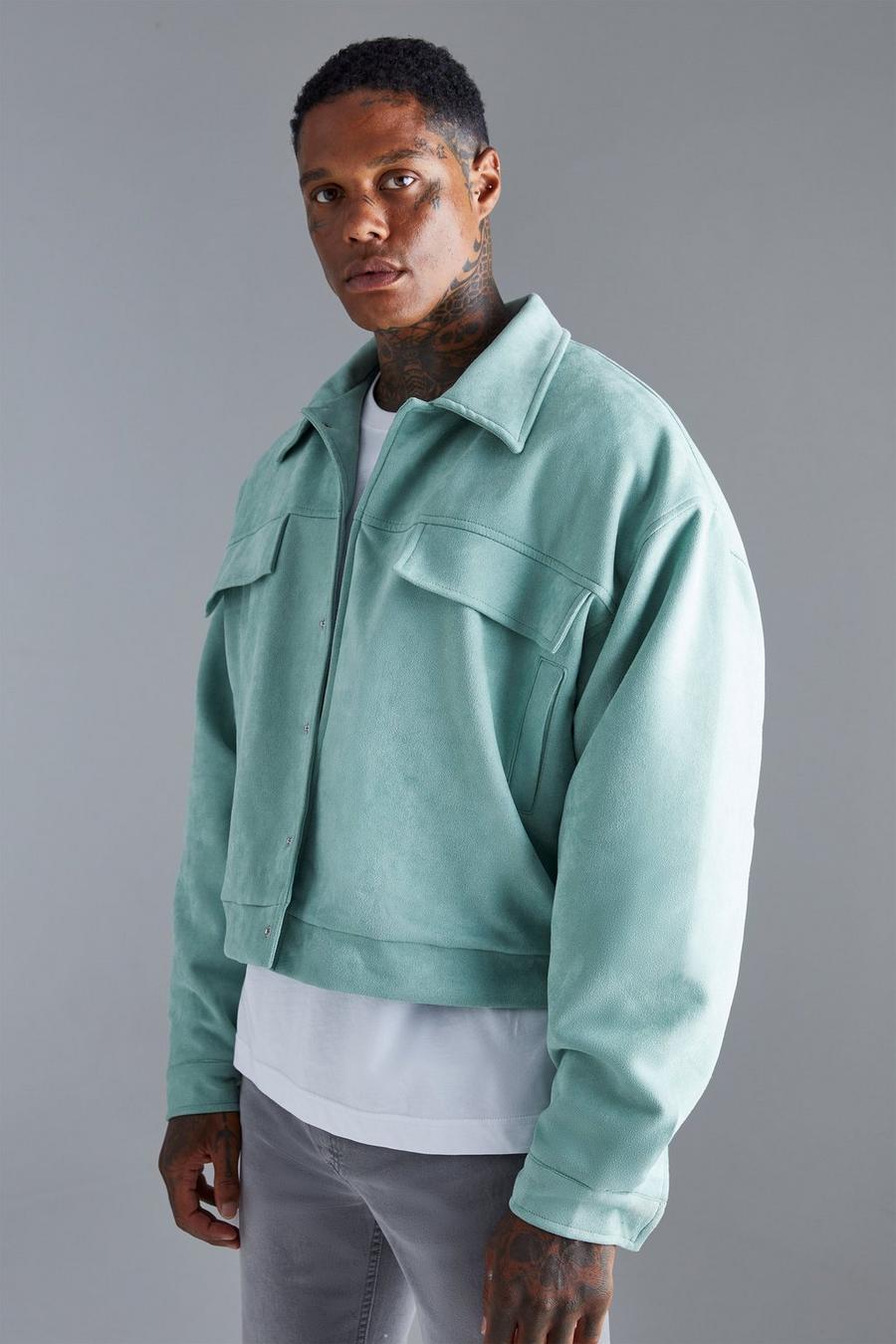 Veste Harrington ample en faux daim, Sage