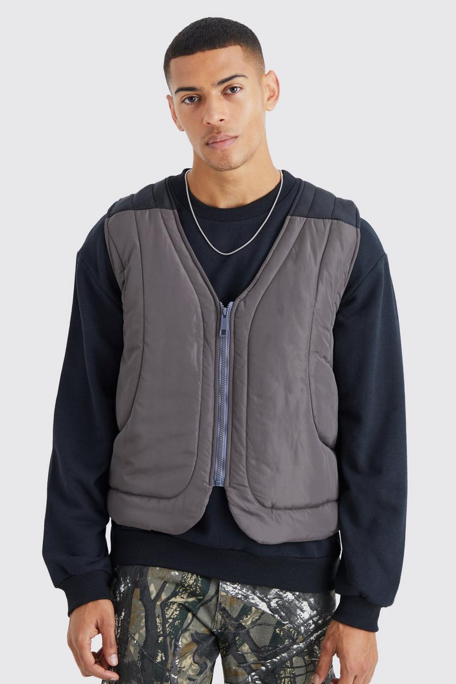 Grey Gewatteerde Boxy Bodywarmer Met Stiksels