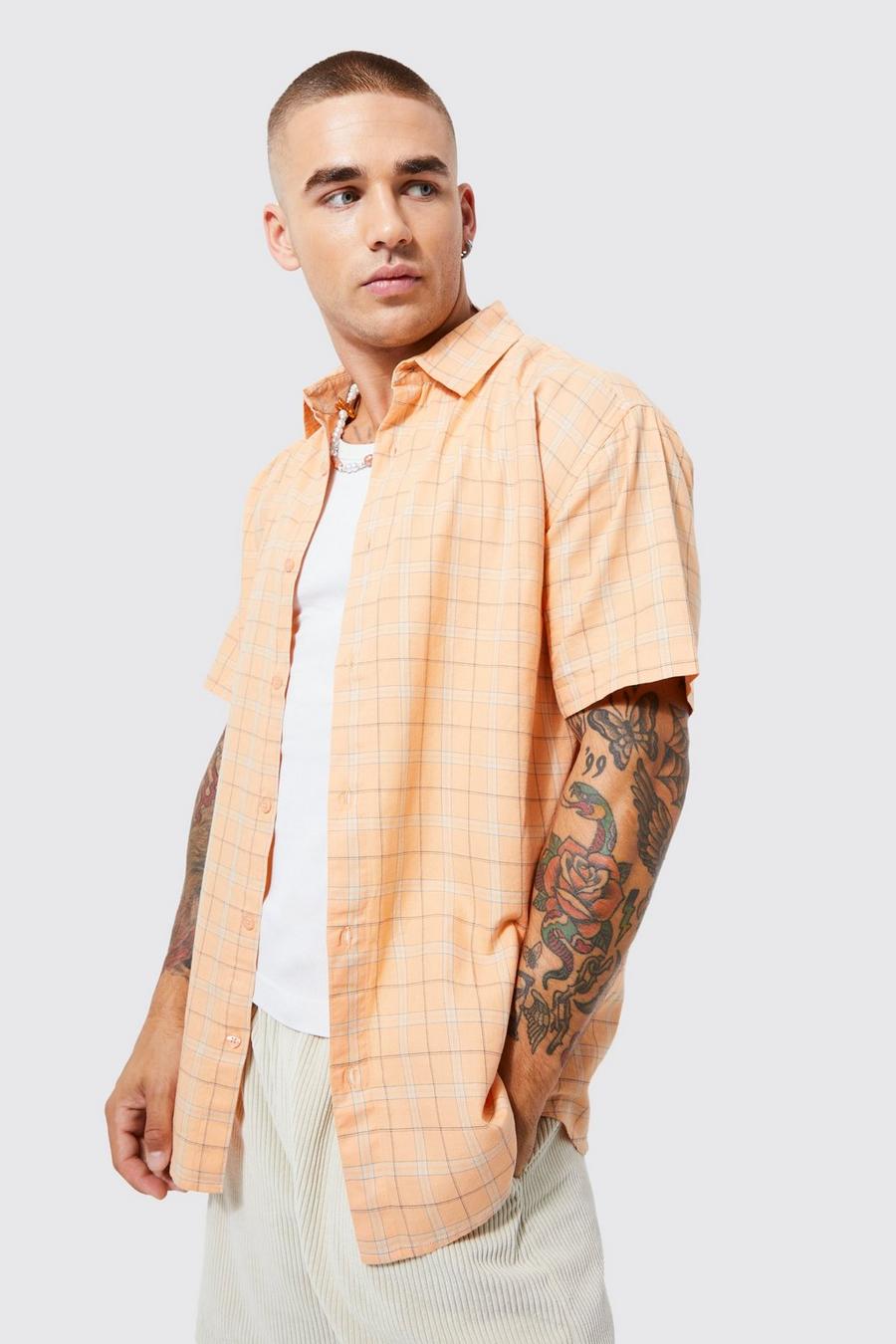 Kurzärmliges kariertes Oversize Hemd, Orange