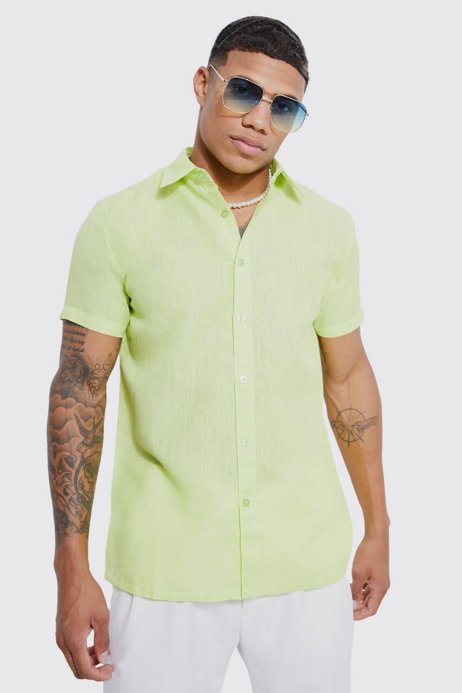 Camisa efecto lino de manga corta en contraste, Lime