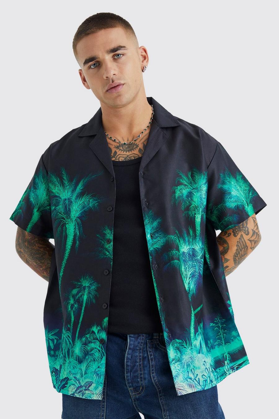 Black Oversized Slub Palm Print Overhemd Met Korte Mouwen