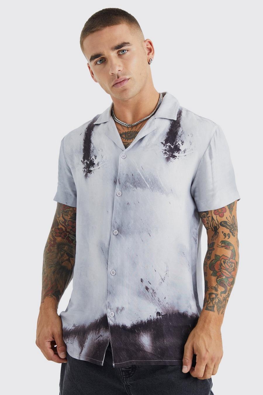 Kurzärmliges Viskose-Hemd mit grauem Photo-Print, Grey