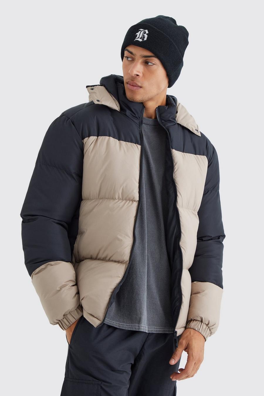 Taupe Colour Block Quilted Puffer With Hood